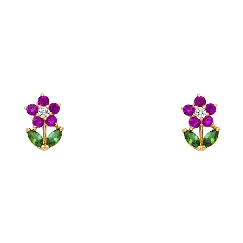 14KT Italian Gold Pink and Green Flower CZ Stud Screw Back Earrings
